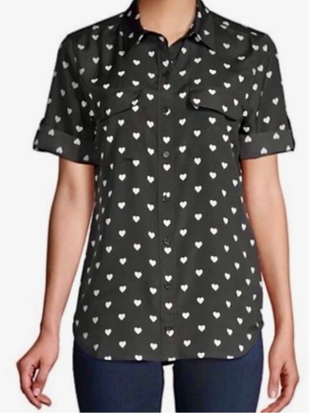 Equipment Femme Adalyn Shirt Blouse Black with White Hearts Size M New with Tags